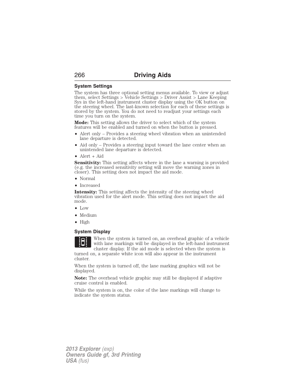 System settings, System display, 266 driving aids | FORD 2013 Explorer v.3 User Manual | Page 267 / 579