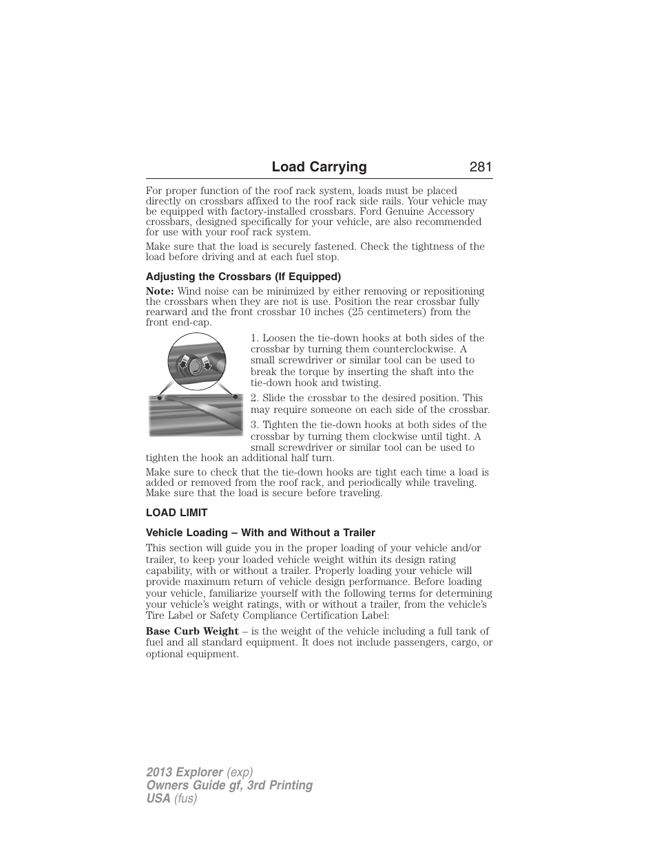 Adjusting the crossbars (if equipped), Load limit, Vehicle loading – with and without a trailer | Vehicle loading, Load carrying 281 | FORD 2013 Explorer v.3 User Manual | Page 282 / 579