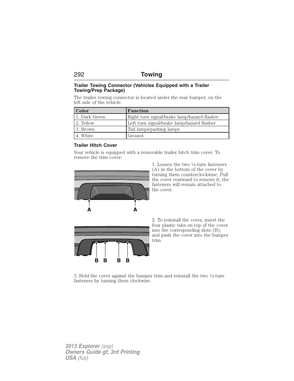 Trailer hitch cover, 292 towing | FORD 2013 Explorer v.3 User Manual | Page 293 / 579