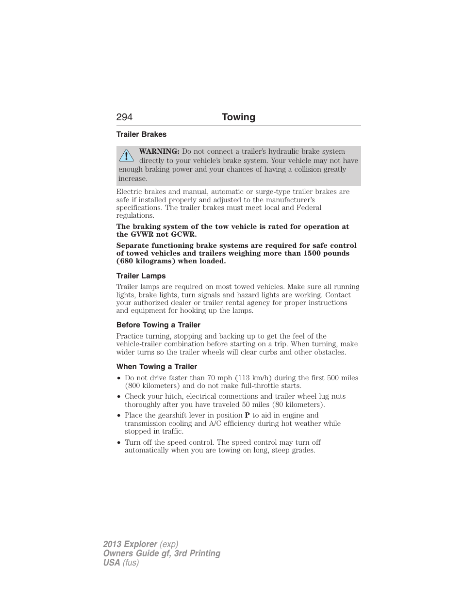 Trailer brakes, Trailer lamps, Before towing a trailer | When towing a trailer, 294 towing | FORD 2013 Explorer v.3 User Manual | Page 295 / 579