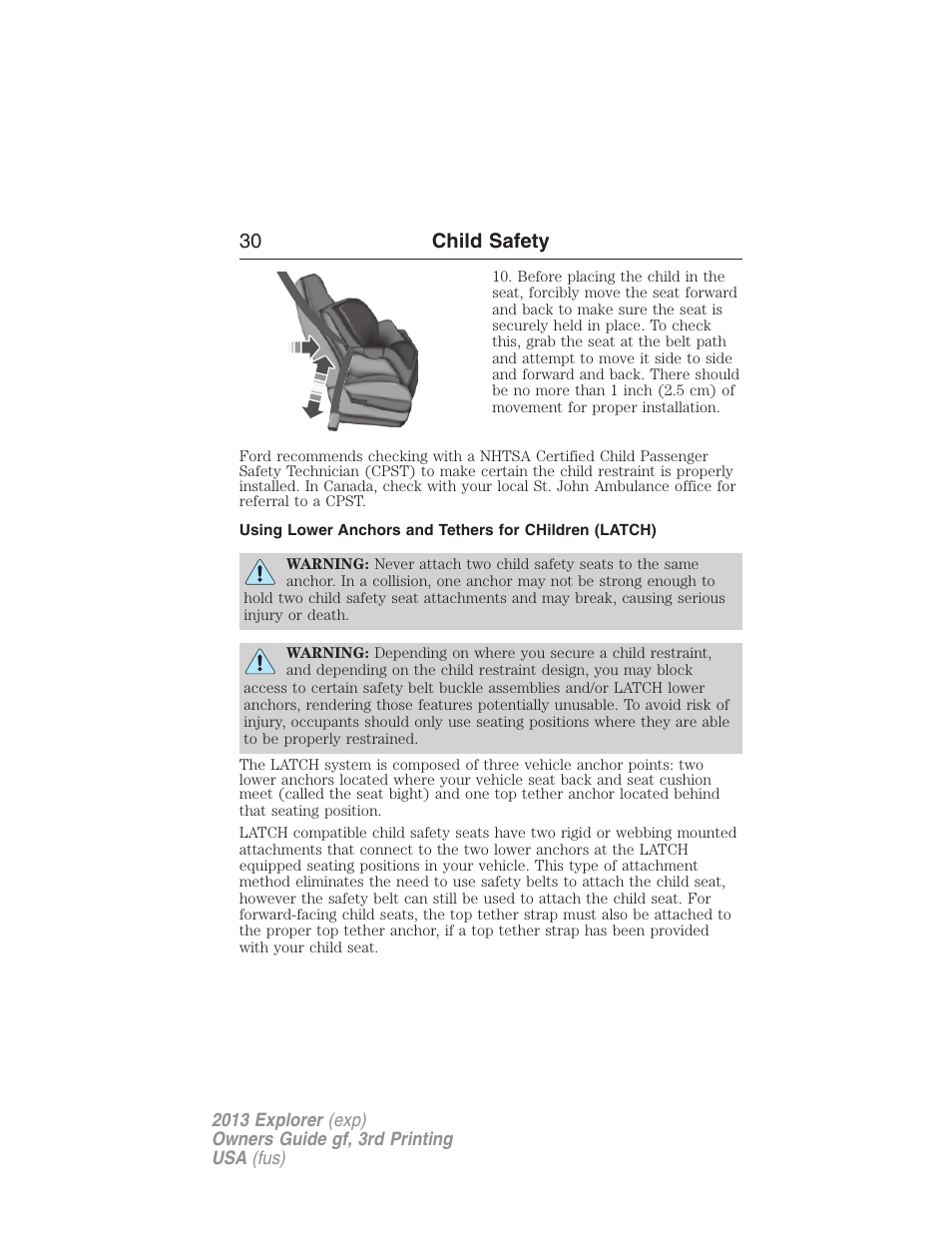 30 child safety | FORD 2013 Explorer v.3 User Manual | Page 31 / 579