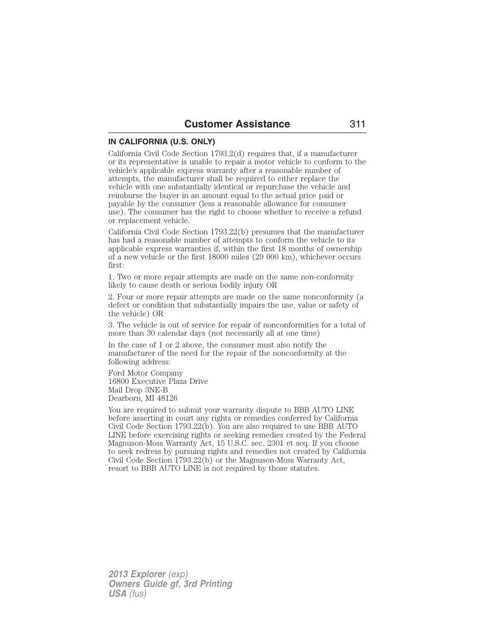 In california (u.s. only), Customer assistance 311 | FORD 2013 Explorer v.3 User Manual | Page 312 / 579