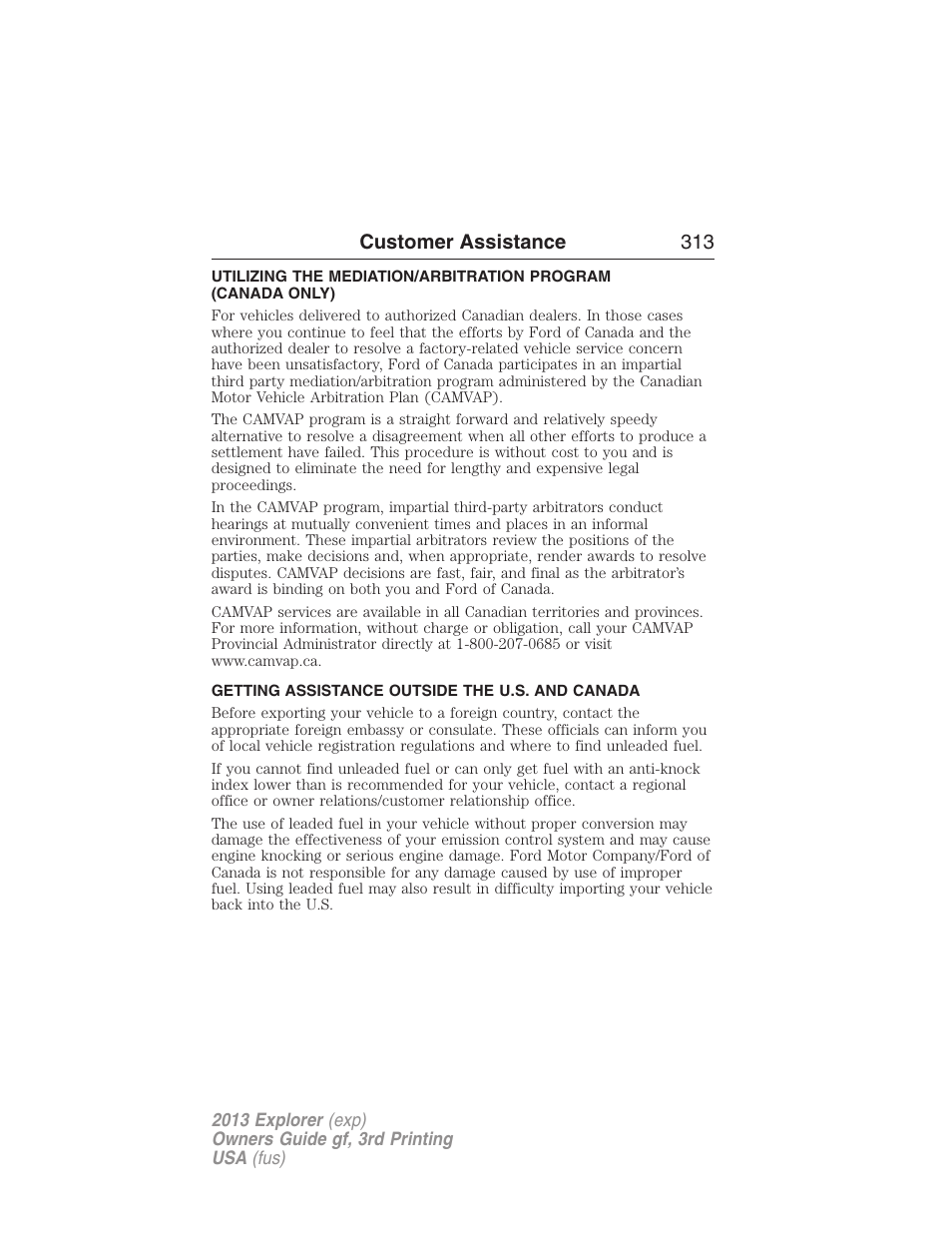 Getting assistance outside the u.s. and canada, Customer assistance 313 | FORD 2013 Explorer v.3 User Manual | Page 314 / 579