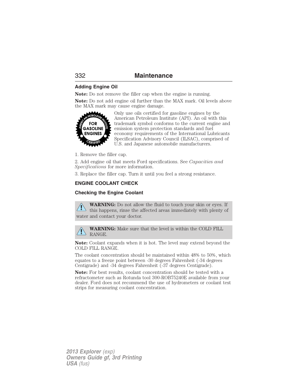 Adding engine oil, Engine coolant check, Checking the engine coolant | 332 maintenance | FORD 2013 Explorer v.3 User Manual | Page 333 / 579