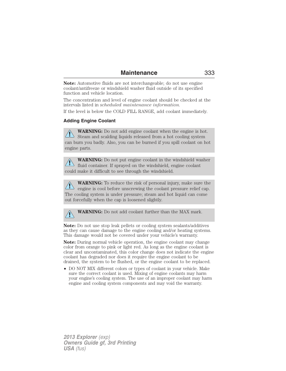 Adding engine coolant, Maintenance 333 | FORD 2013 Explorer v.3 User Manual | Page 334 / 579