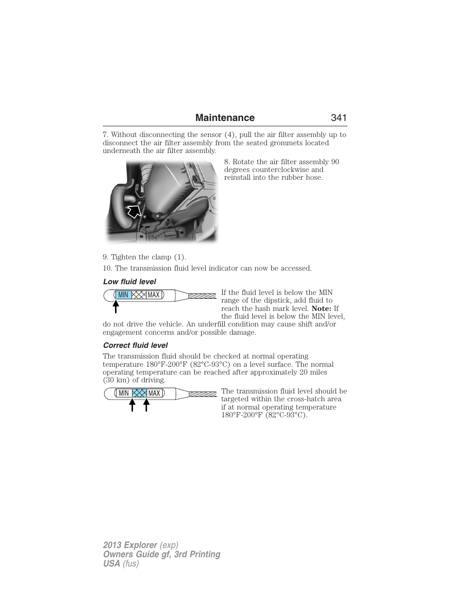 Low fluid level, Correct fluid level, Maintenance 341 | FORD 2013 Explorer v.3 User Manual | Page 342 / 579