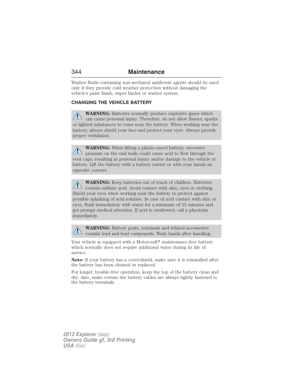 Changing the vehicle battery, Battery, 344 maintenance | FORD 2013 Explorer v.3 User Manual | Page 345 / 579