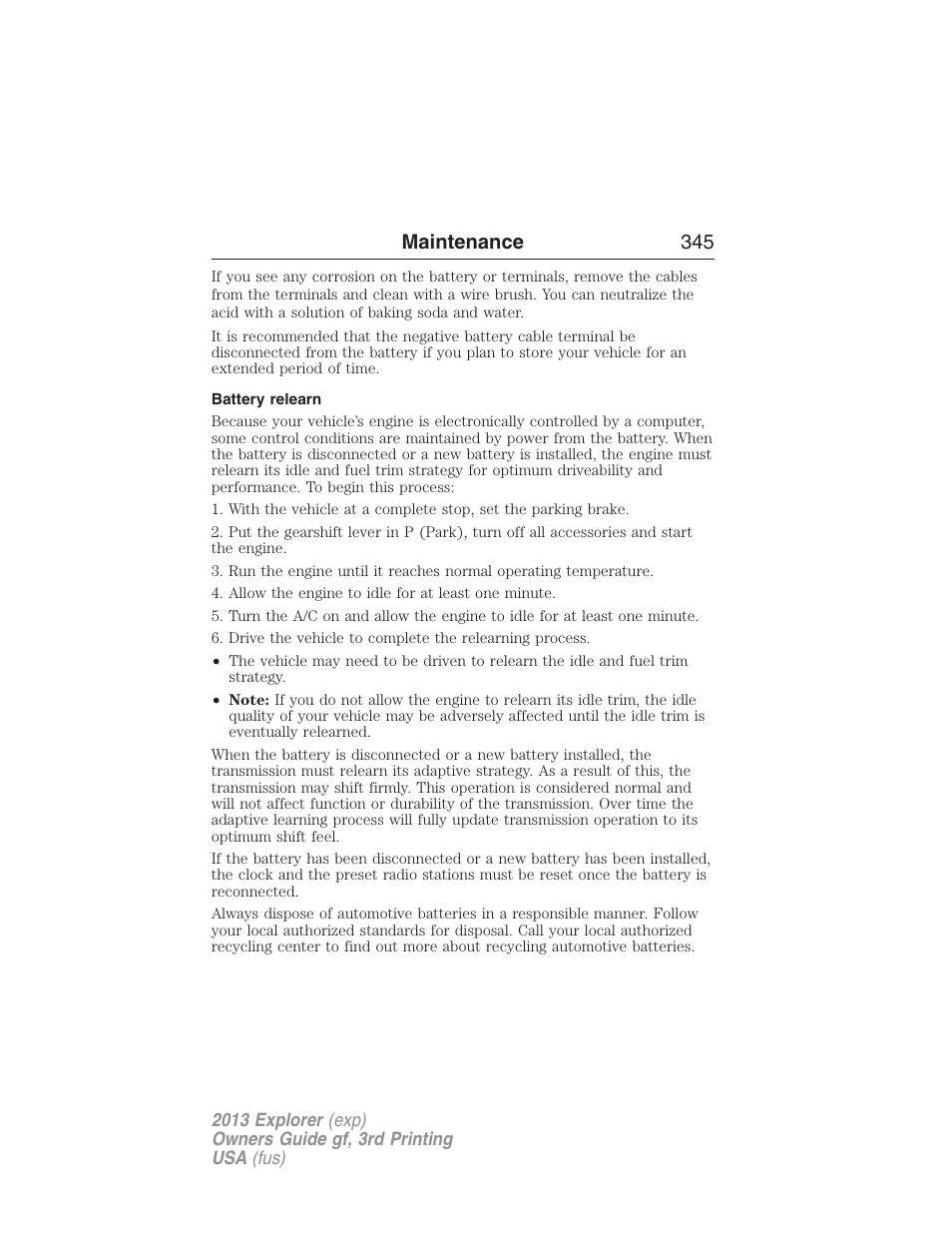 Battery relearn, Maintenance 345 | FORD 2013 Explorer v.3 User Manual | Page 346 / 579