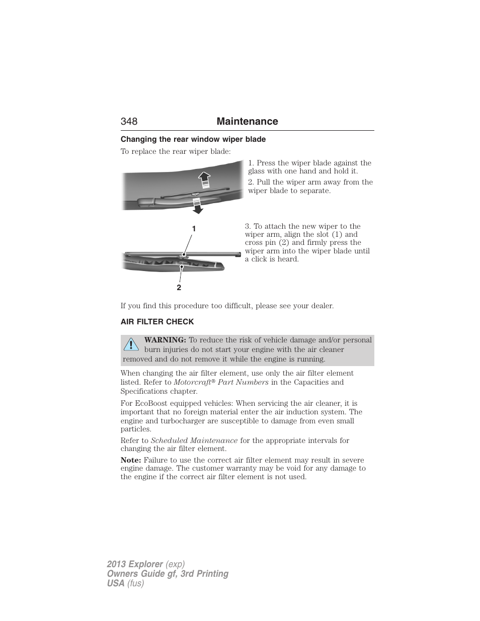 Changing the rear window wiper blade, Air filter check, Air filter(s) | 348 maintenance | FORD 2013 Explorer v.3 User Manual | Page 349 / 579