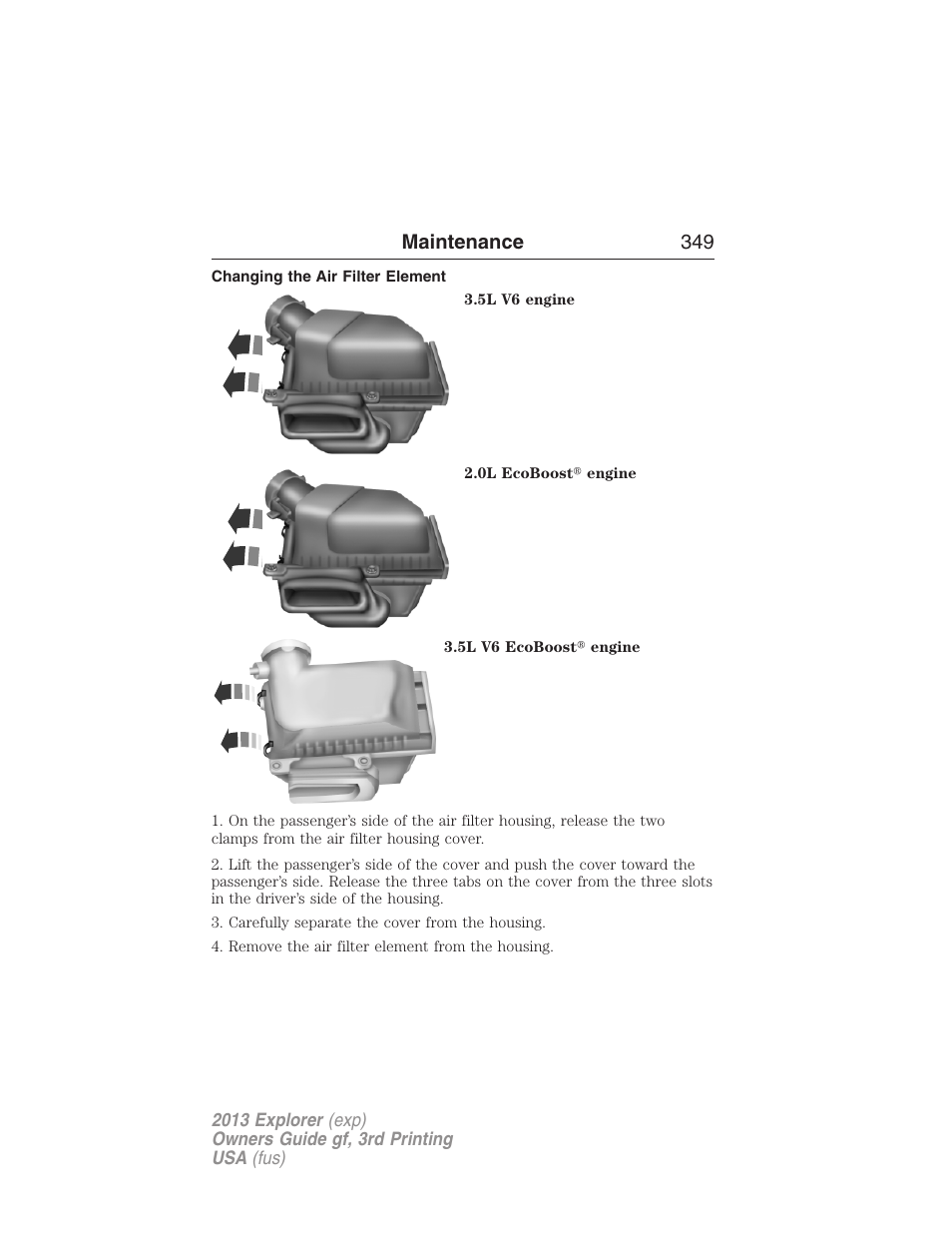 Changing the air filter element, Maintenance 349 | FORD 2013 Explorer v.3 User Manual | Page 350 / 579