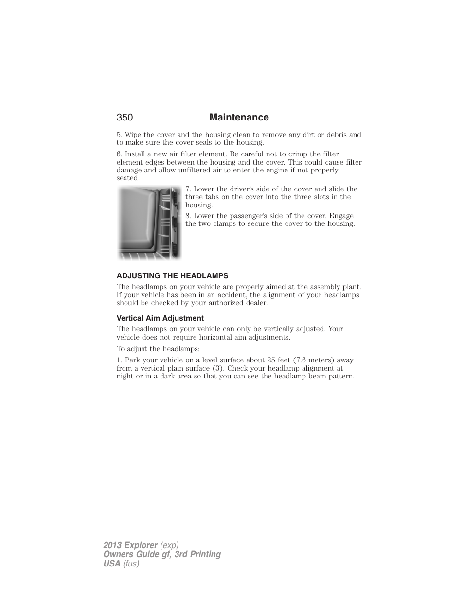 Adjusting the headlamps, Vertical aim adjustment, 350 maintenance | FORD 2013 Explorer v.3 User Manual | Page 351 / 579