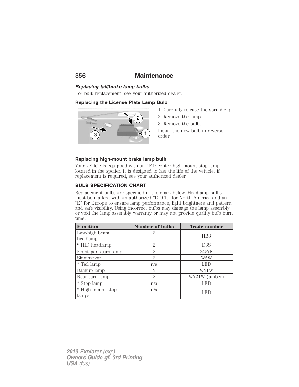 Replacing tail/brake lamp bulbs, Replacing the license plate lamp bulb, Replacing high-mount brake lamp bulb | Bulb specification chart, 356 maintenance | FORD 2013 Explorer v.3 User Manual | Page 357 / 579