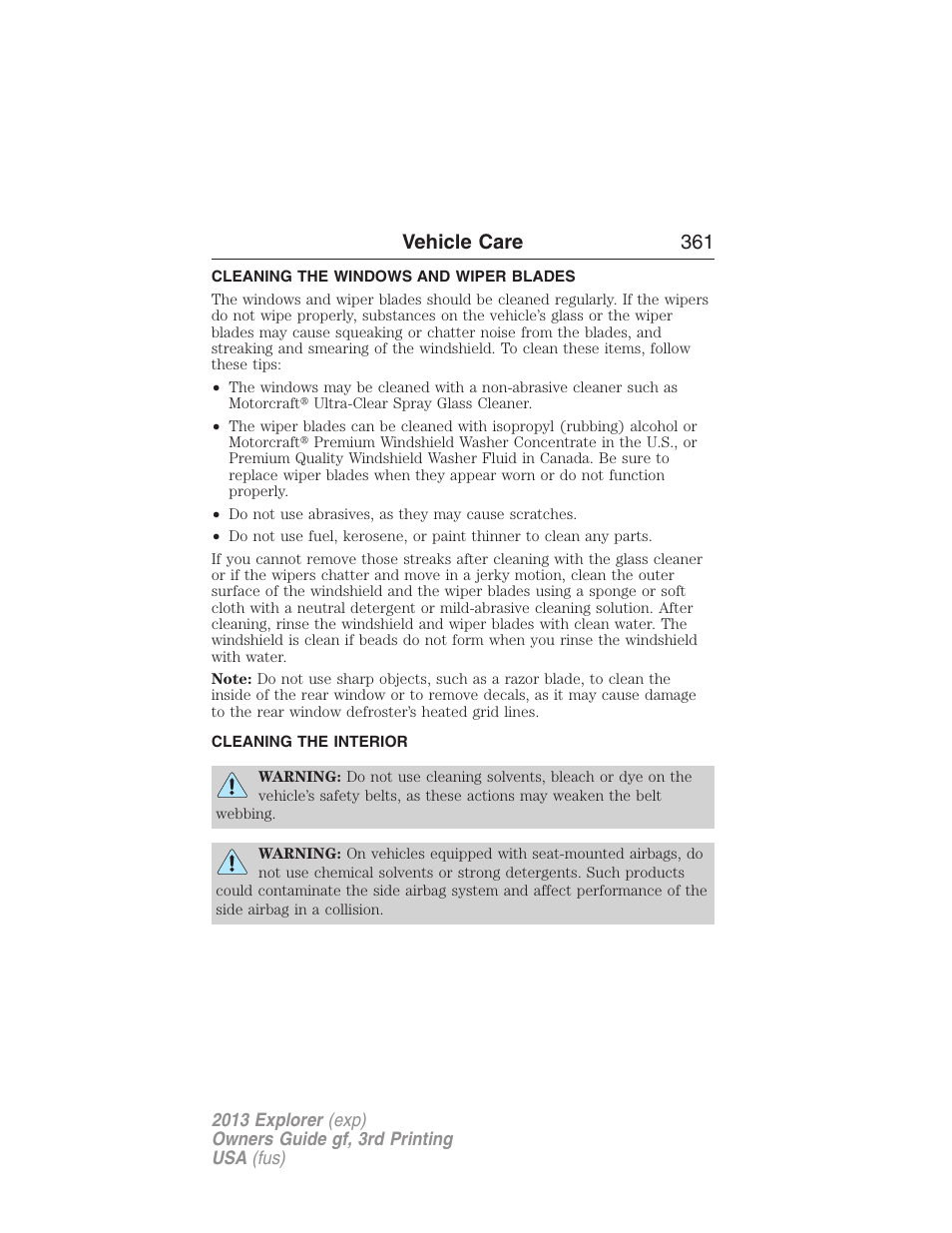 Cleaning the windows and wiper blades, Cleaning the interior, Vehicle care 361 | FORD 2013 Explorer v.3 User Manual | Page 362 / 579