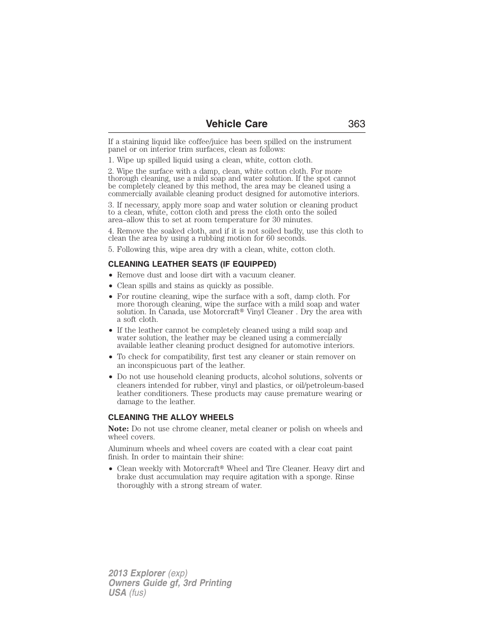 Cleaning leather seats (if equipped), Cleaning the alloy wheels, Cleaning leather seats | Vehicle care 363 | FORD 2013 Explorer v.3 User Manual | Page 364 / 579