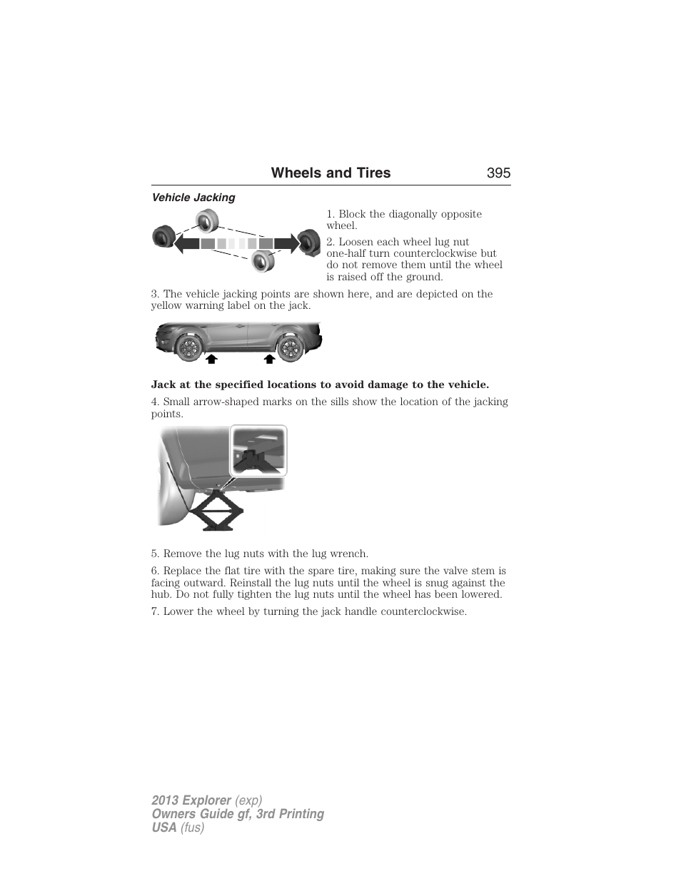 Vehicle jacking, Wheels and tires 395 | FORD 2013 Explorer v.3 User Manual | Page 396 / 579