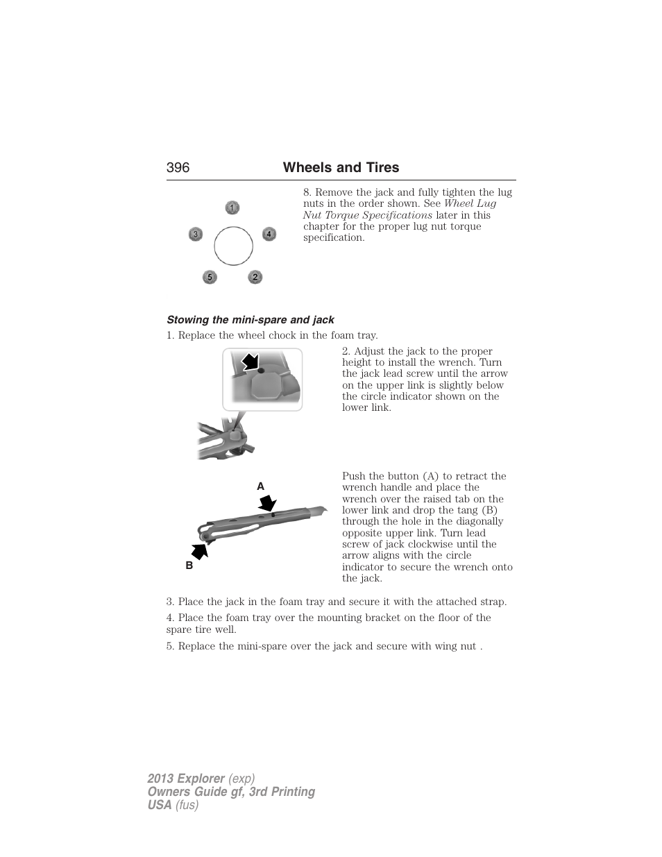 Stowing the mini-spare and jack, 396 wheels and tires | FORD 2013 Explorer v.3 User Manual | Page 397 / 579