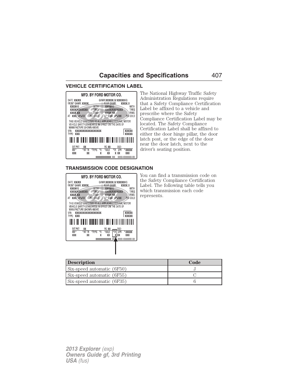 Vehicle certification label, Transmission code designation, Capacities and specifications 407 | FORD 2013 Explorer v.3 User Manual | Page 408 / 579