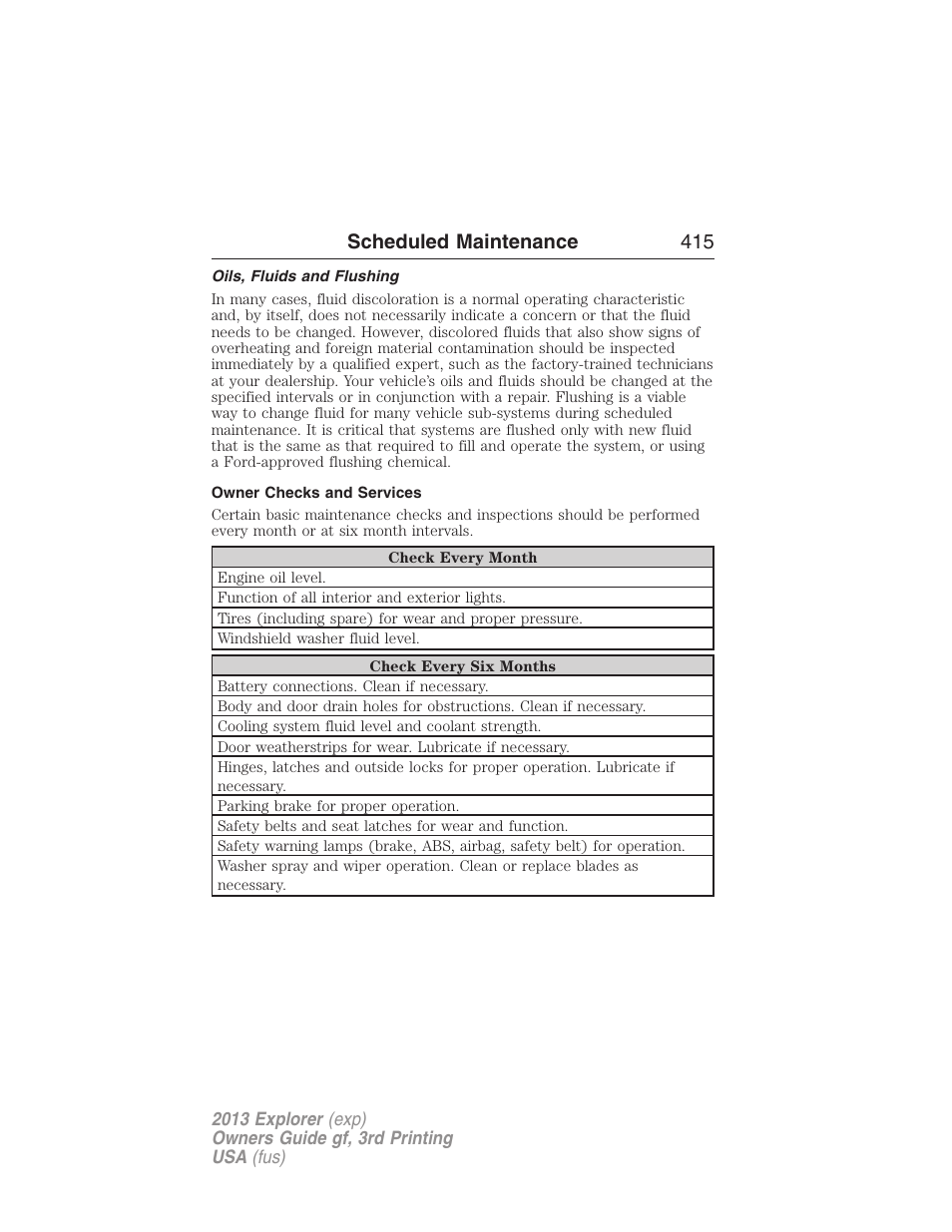 Oils, fluids and flushing, Owner checks and services, Scheduled maintenance 415 | FORD 2013 Explorer v.3 User Manual | Page 416 / 579