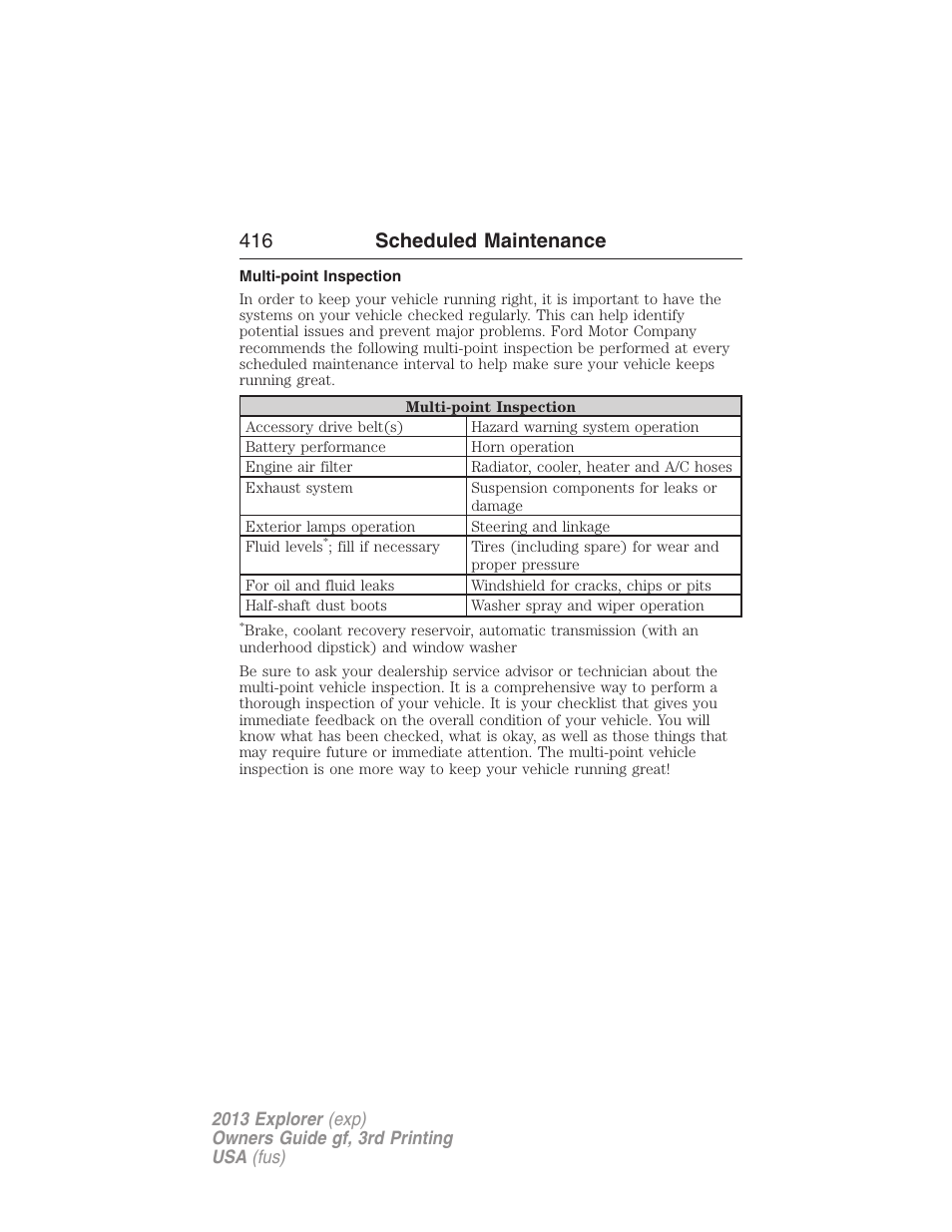 Multi-point inspection, 416 scheduled maintenance | FORD 2013 Explorer v.3 User Manual | Page 417 / 579