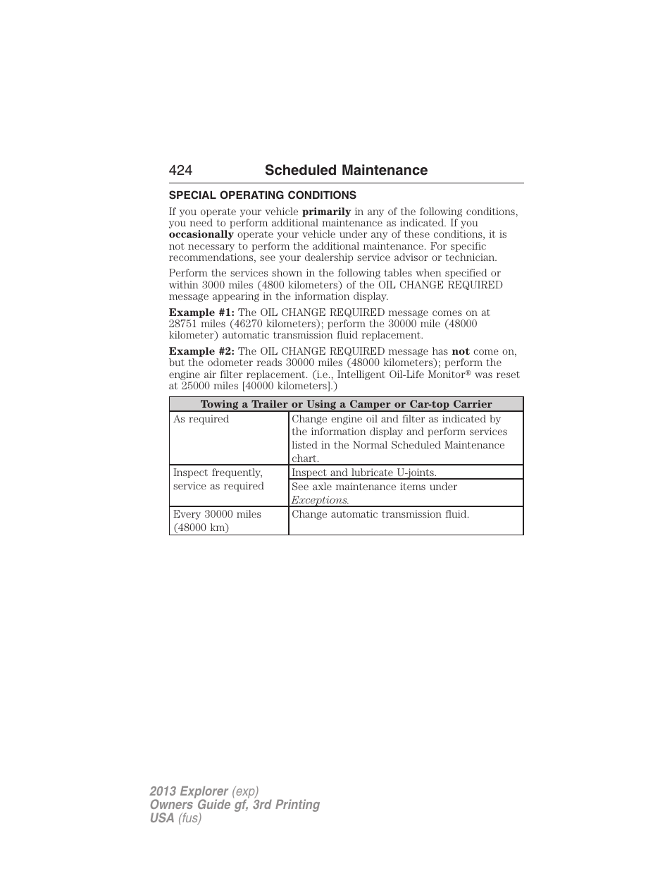 Special operating conditions, 424 scheduled maintenance | FORD 2013 Explorer v.3 User Manual | Page 425 / 579