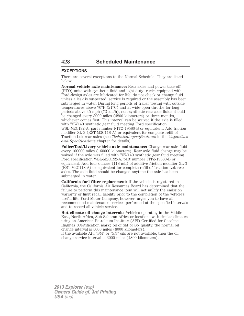 Exceptions, 428 scheduled maintenance | FORD 2013 Explorer v.3 User Manual | Page 429 / 579