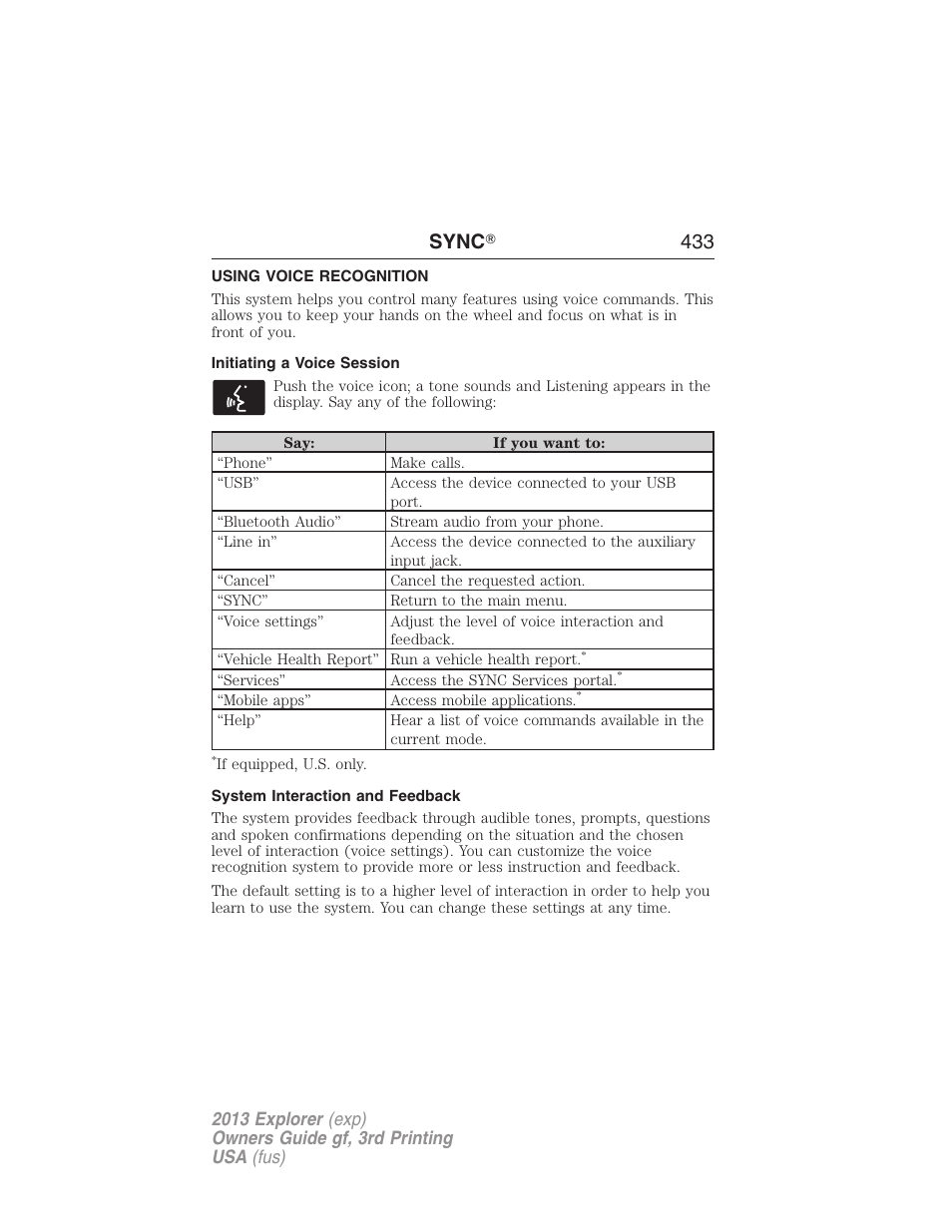 Using voice recognition, Initiating a voice session, System interaction and feedback | Sync ா 433 | FORD 2013 Explorer v.3 User Manual | Page 434 / 579