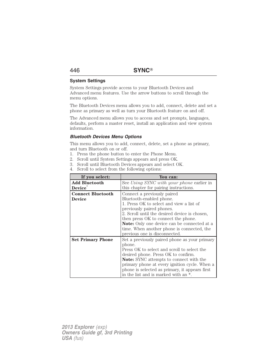 System settings, Bluetooth devices menu options, 446 sync | FORD 2013 Explorer v.3 User Manual | Page 447 / 579