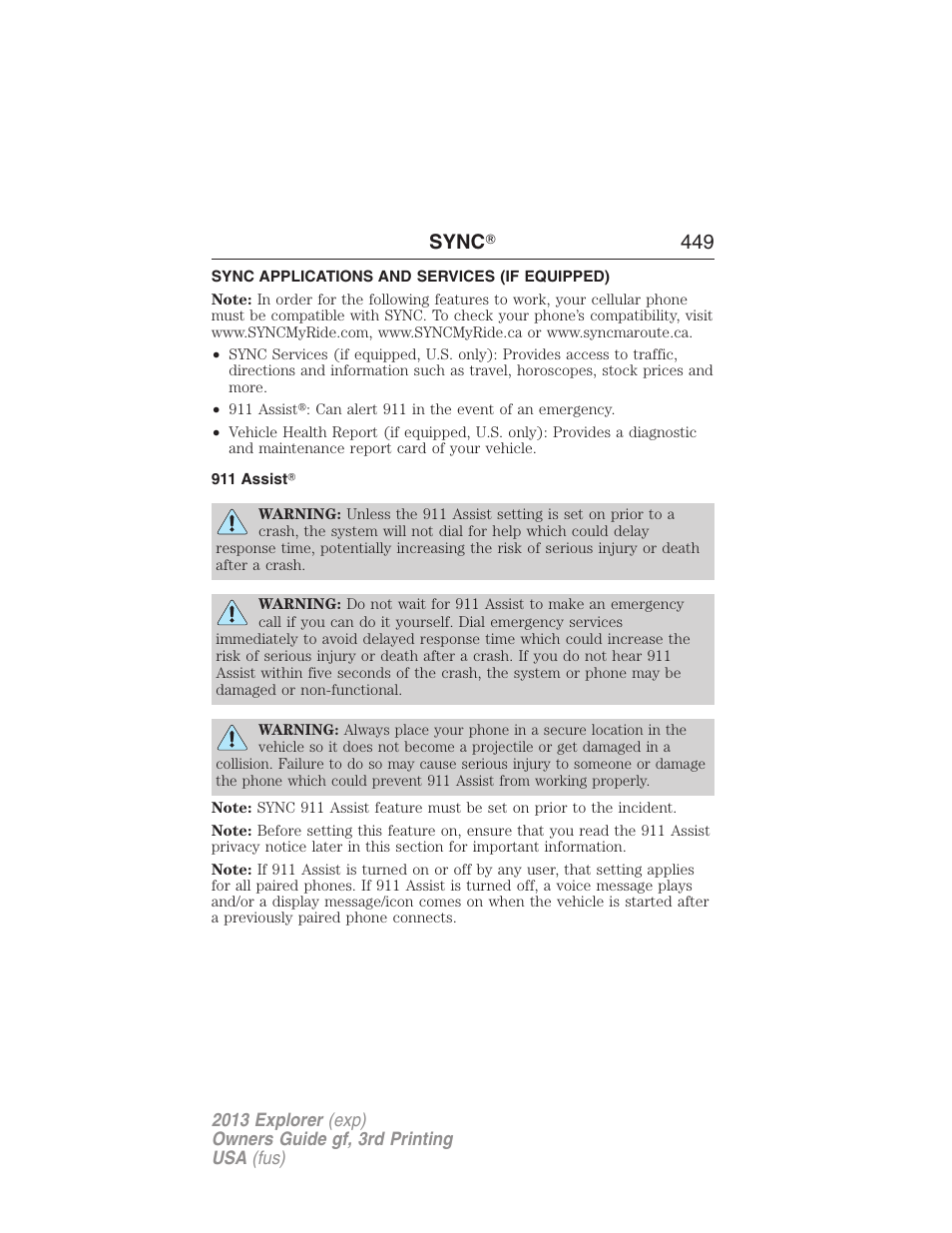 Sync applications and services (if equipped), 911 assist, Sync ா 449 | FORD 2013 Explorer v.3 User Manual | Page 450 / 579