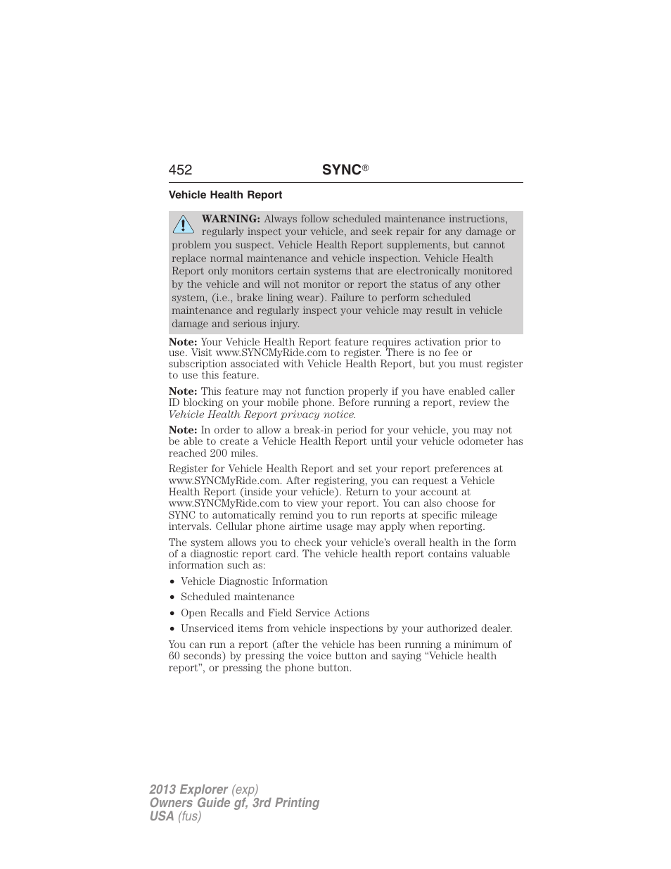 Vehicle health report, 452 sync | FORD 2013 Explorer v.3 User Manual | Page 453 / 579