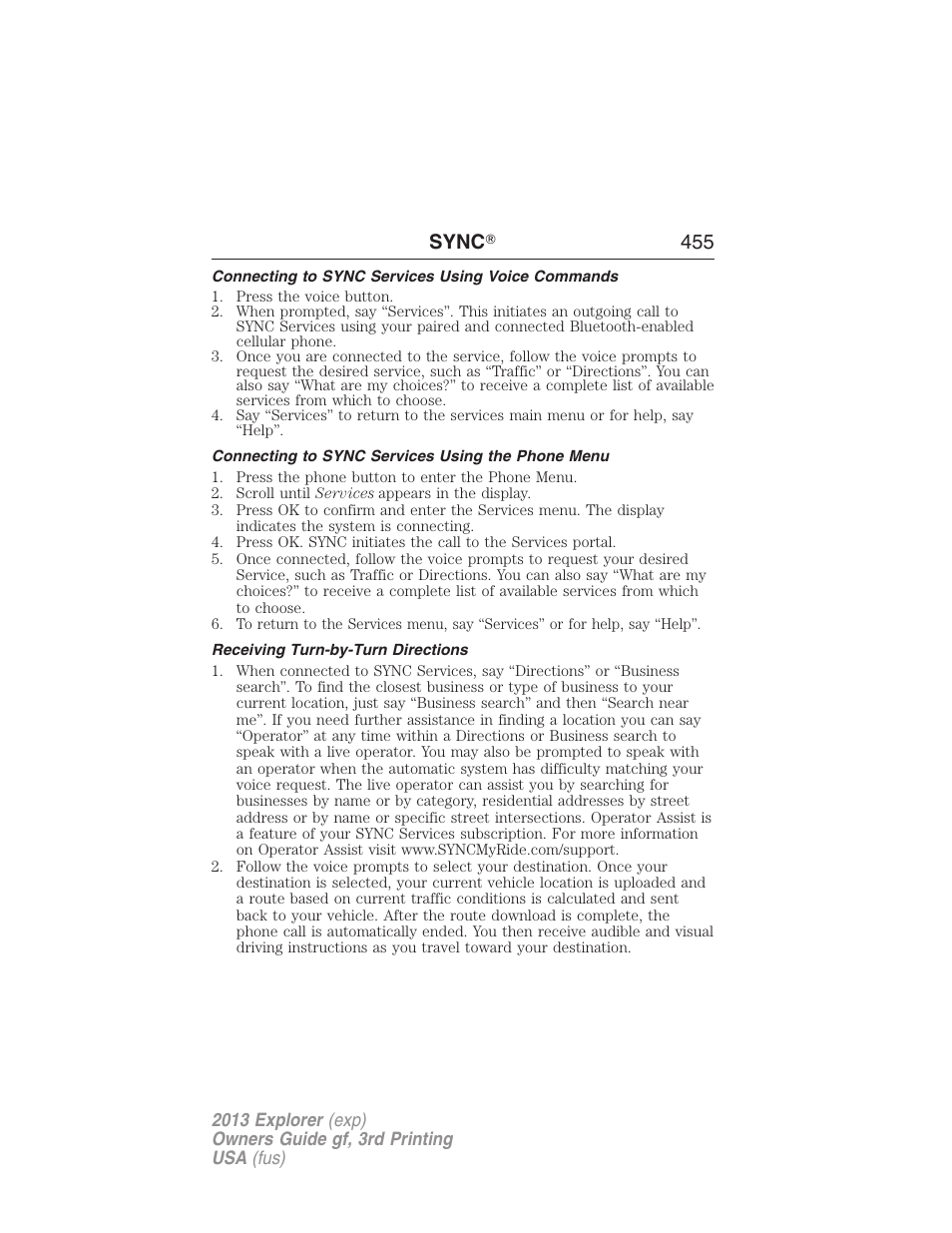 Connecting to sync services using voice commands, Connecting to sync services using the phone menu, Receiving turn-by-turn directions | Sync ா 455 | FORD 2013 Explorer v.3 User Manual | Page 456 / 579