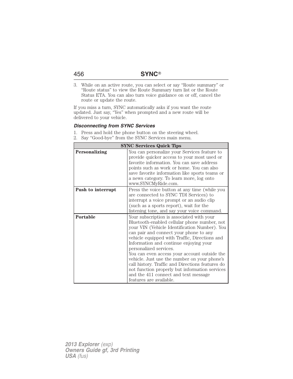 Disconnecting from sync services, 456 sync | FORD 2013 Explorer v.3 User Manual | Page 457 / 579