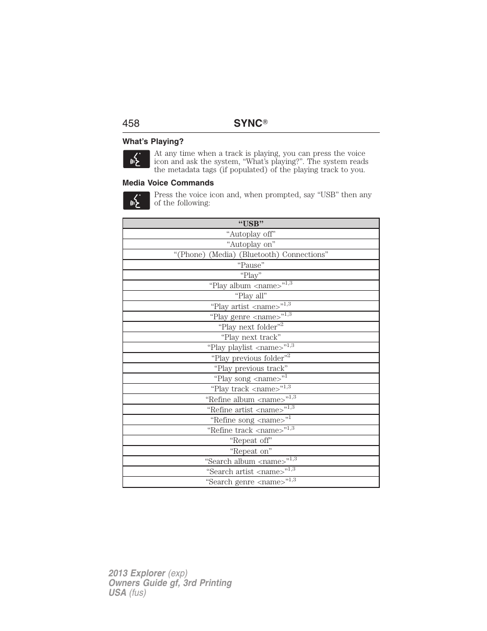 What’s playing, Media voice commands, 458 sync | FORD 2013 Explorer v.3 User Manual | Page 459 / 579