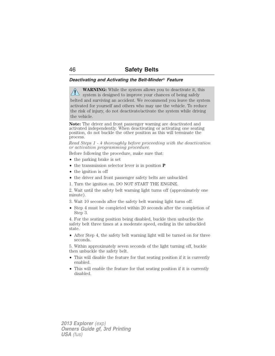 46 safety belts | FORD 2013 Explorer v.3 User Manual | Page 47 / 579