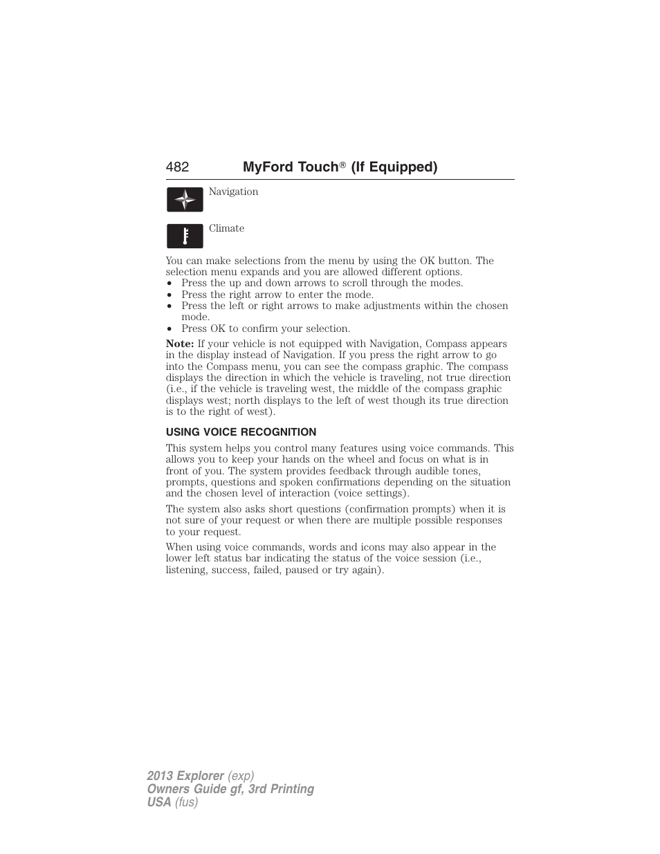 Using voice recognition, Voice recognition, 482 myford touch ா (if equipped) | FORD 2013 Explorer v.3 User Manual | Page 483 / 579