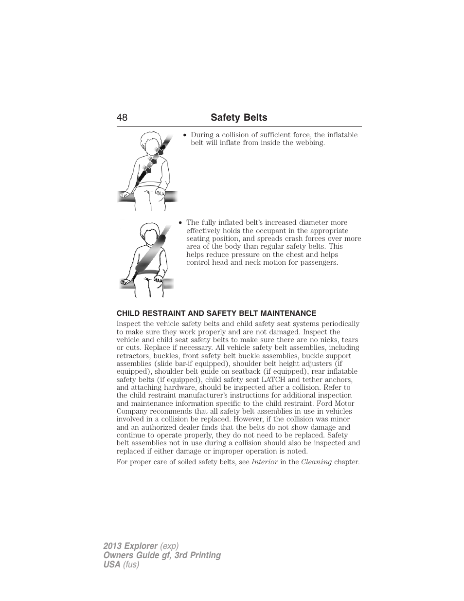 Child restraint and safety belt maintenance, 48 safety belts | FORD 2013 Explorer v.3 User Manual | Page 49 / 579