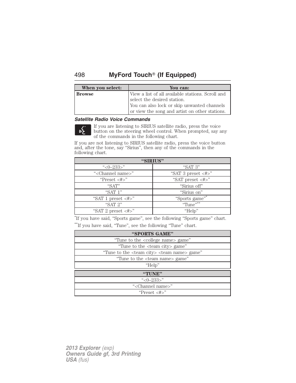 Satellite radio voice commands, 498 myford touch ா (if equipped) | FORD 2013 Explorer v.3 User Manual | Page 499 / 579