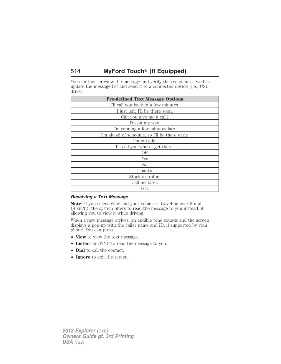 Receiving a text message, 514 myford touch ா (if equipped) | FORD 2013 Explorer v.3 User Manual | Page 515 / 579