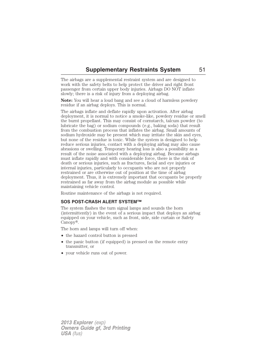 Sos post-crash alert system, Supplementary restraints system 51 | FORD 2013 Explorer v.3 User Manual | Page 52 / 579