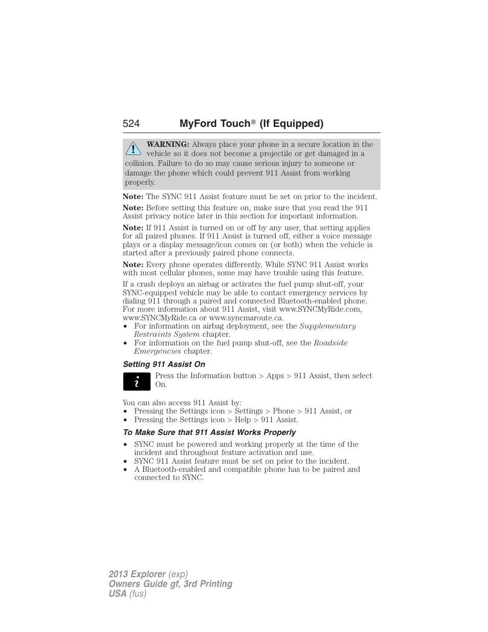 Setting 911 assist on, To make sure that 911 assist works properly, 524 myford touch ா (if equipped) | FORD 2013 Explorer v.3 User Manual | Page 525 / 579