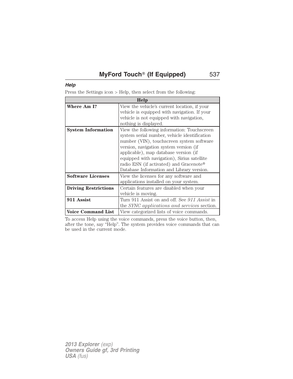 Help, Myford touch ா (if equipped) 537 | FORD 2013 Explorer v.3 User Manual | Page 538 / 579