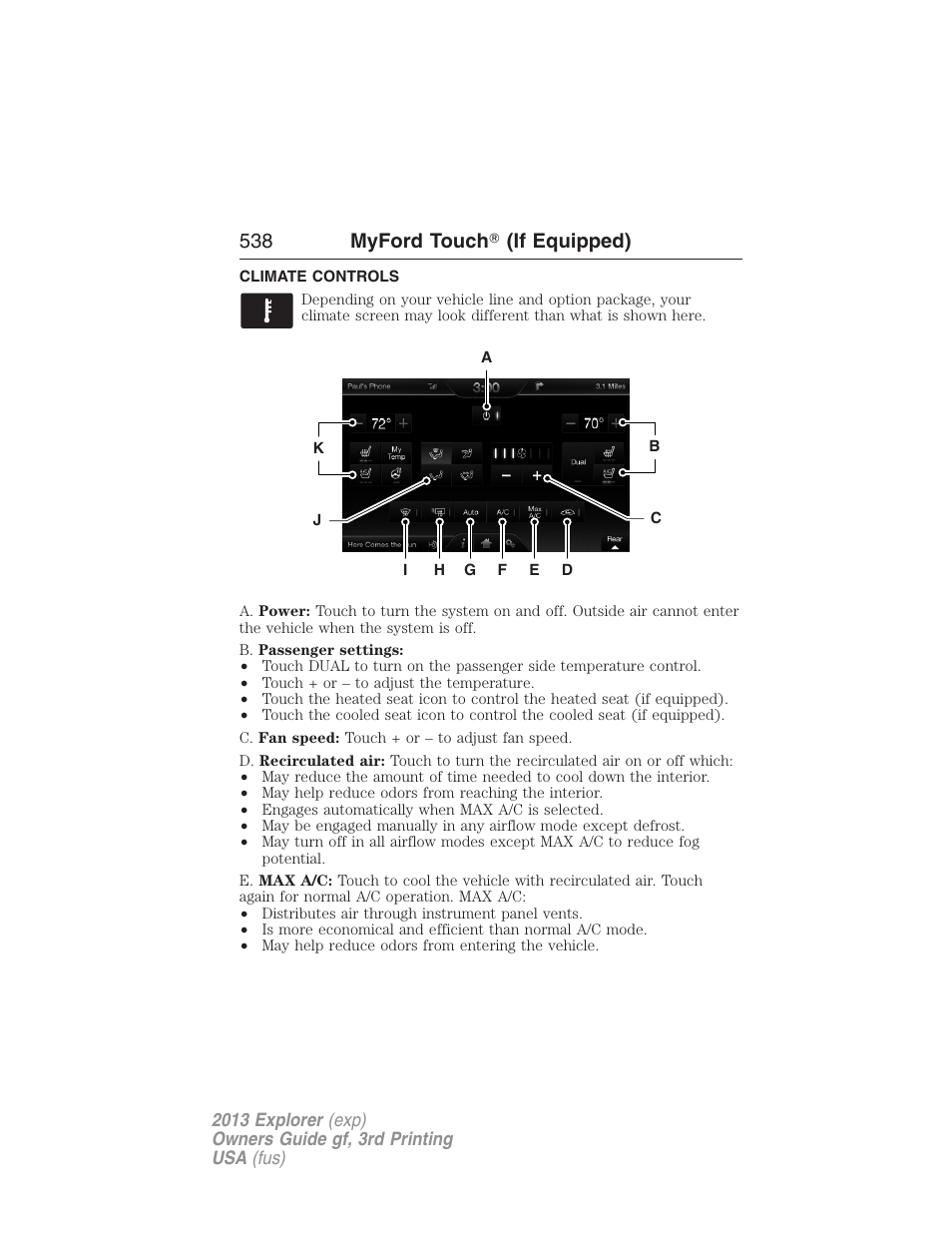 Climate controls, Climate features, 538 myford touch ா (if equipped) | FORD 2013 Explorer v.3 User Manual | Page 539 / 579