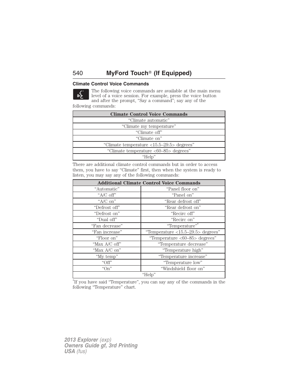 Climate control voice commands, 540 myford touch ா (if equipped) | FORD 2013 Explorer v.3 User Manual | Page 541 / 579