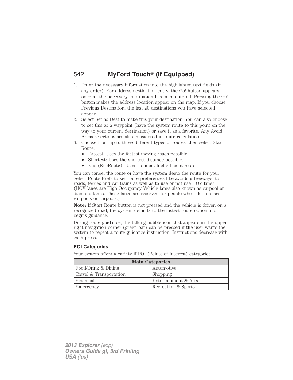 Poi categories, 542 myford touch ா (if equipped) | FORD 2013 Explorer v.3 User Manual | Page 543 / 579