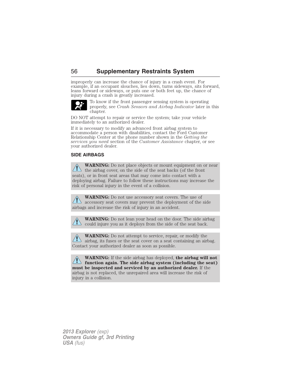 Side airbags, 56 supplementary restraints system | FORD 2013 Explorer v.3 User Manual | Page 57 / 579