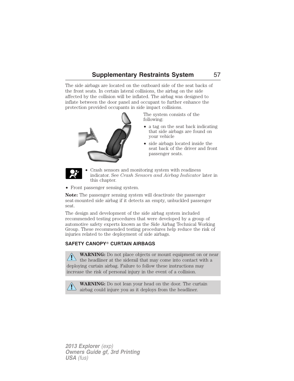 Safety canopy? curtain airbags, Safety canopy curtain airbags, Supplementary restraints system 57 | FORD 2013 Explorer v.3 User Manual | Page 58 / 579