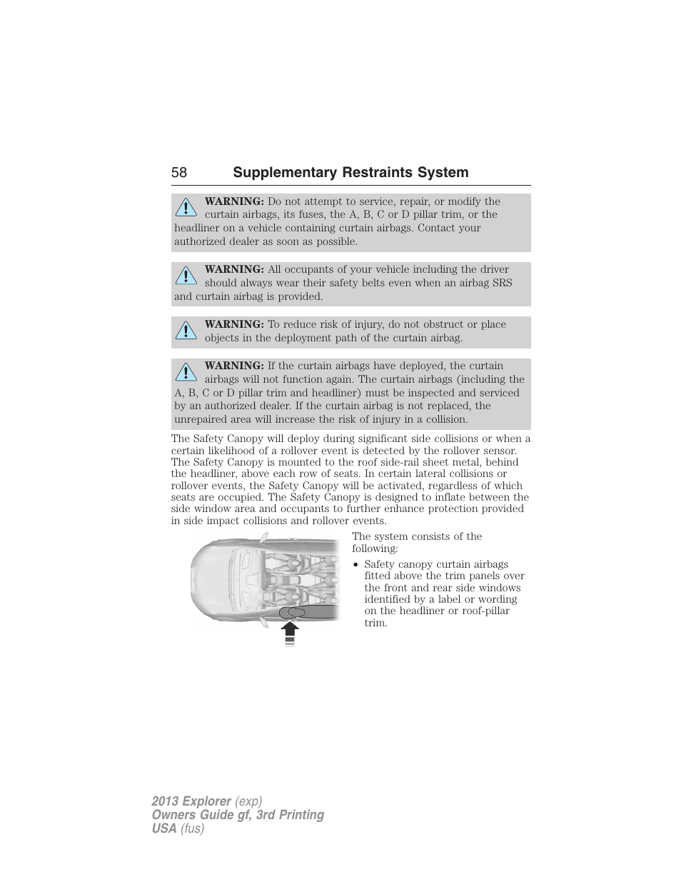 58 supplementary restraints system | FORD 2013 Explorer v.3 User Manual | Page 59 / 579