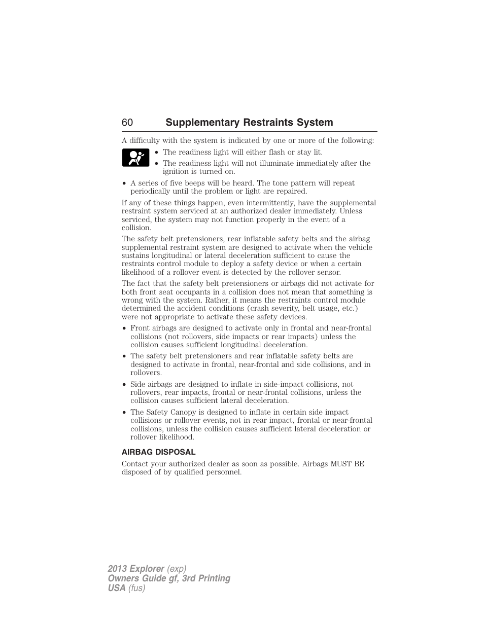 Airbag disposal, 60 supplementary restraints system | FORD 2013 Explorer v.3 User Manual | Page 61 / 579