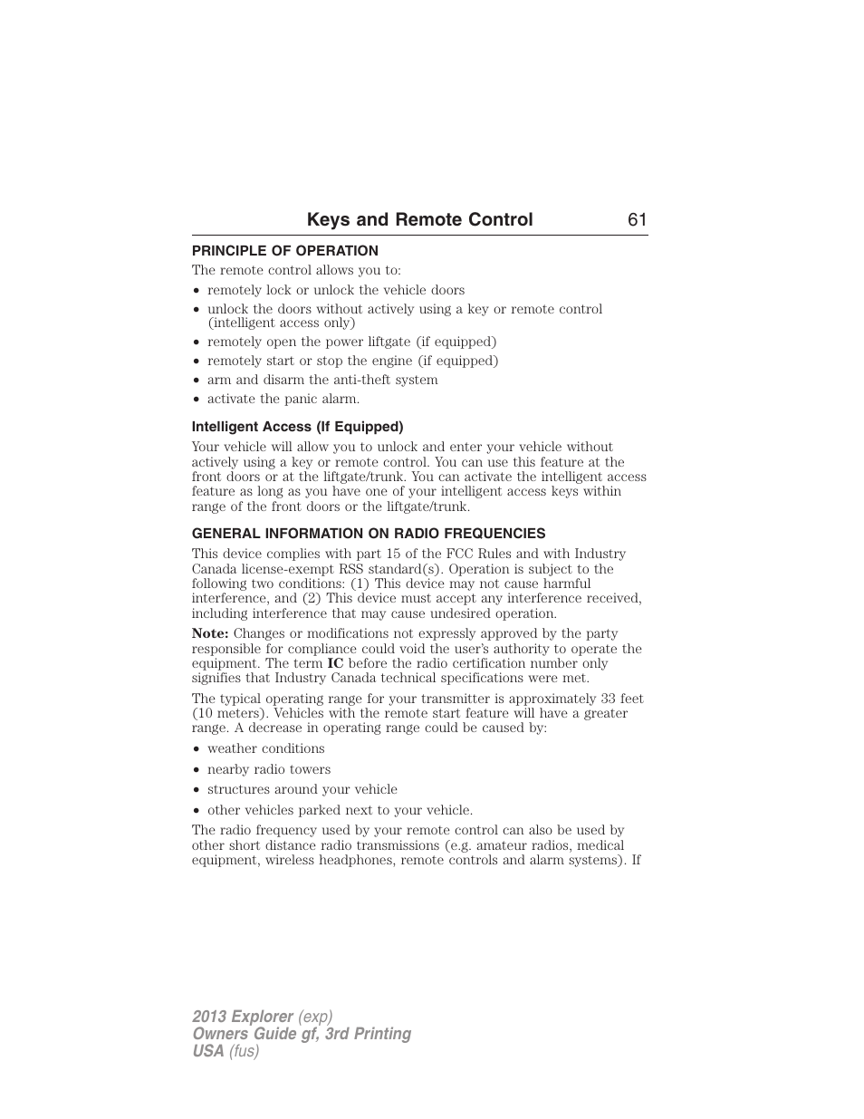 Keys and remote control, Principle of operation, Intelligent access (if equipped) | General information on radio frequencies, Keys and remote control 61 | FORD 2013 Explorer v.3 User Manual | Page 62 / 579