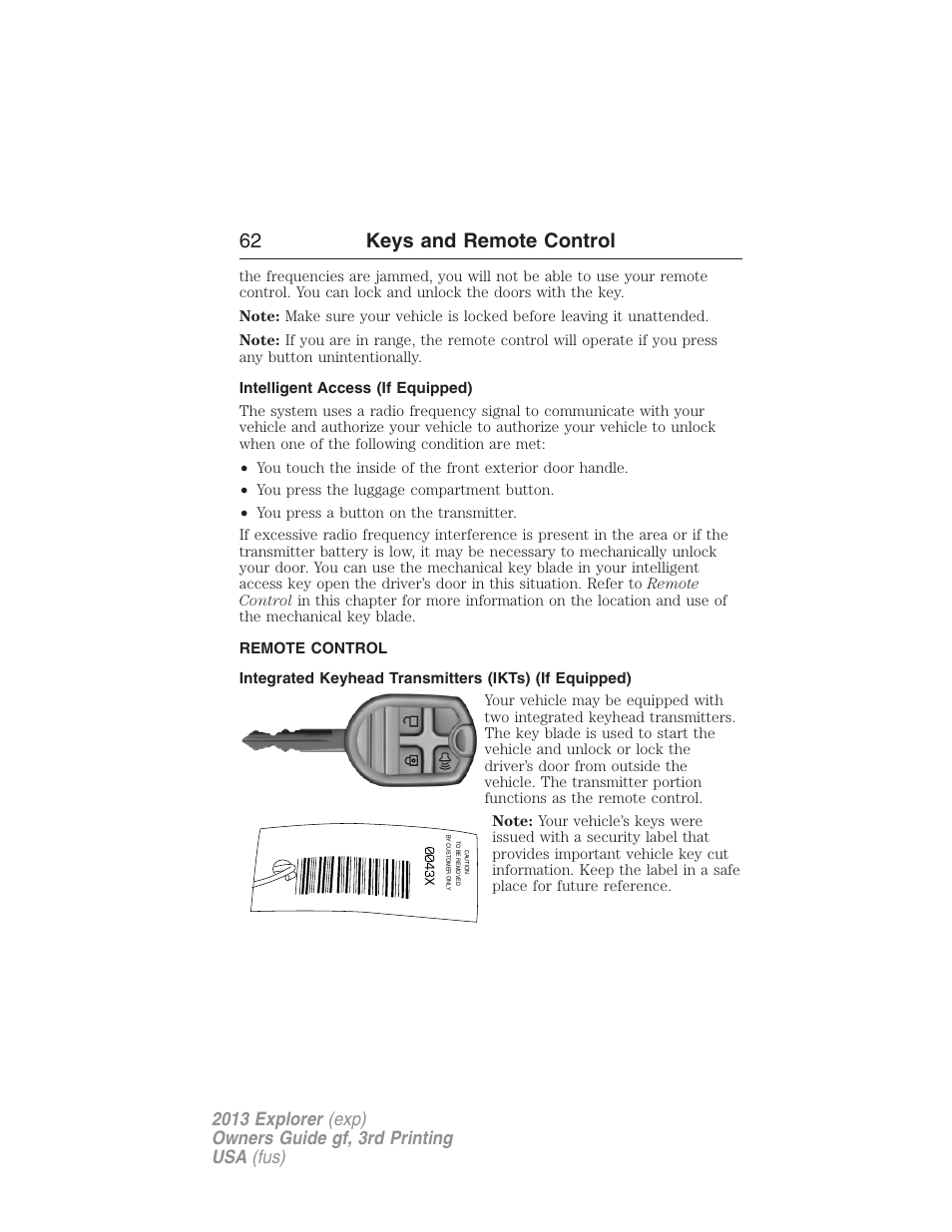 Intelligent access (if equipped), Remote control, Keys | 62 keys and remote control | FORD 2013 Explorer v.3 User Manual | Page 63 / 579