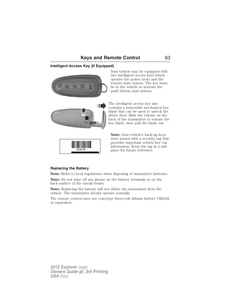 Intelligent access key (if equipped), Replacing the battery, Keys and remote control 63 | FORD 2013 Explorer v.3 User Manual | Page 64 / 579